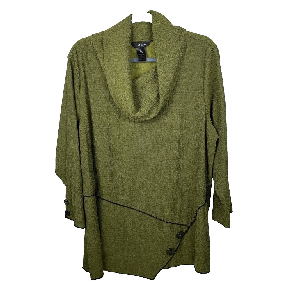 Ali Miles Tunic Top XL Green Cowl Neck Lagenlook Boho Textured Artsy Buttons